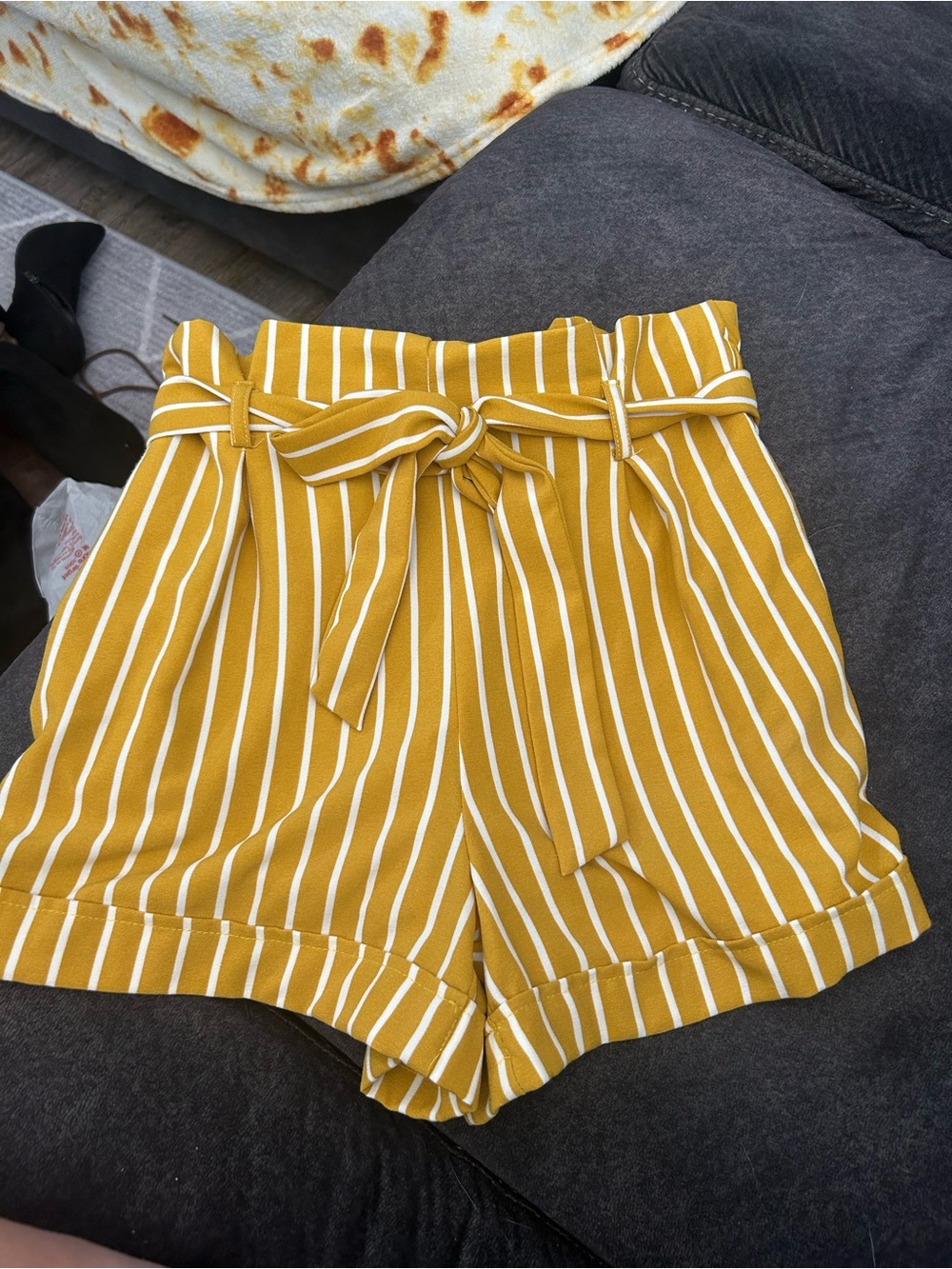 High-Waist Mustard Striped Paperbag Shorts with Tie Belt